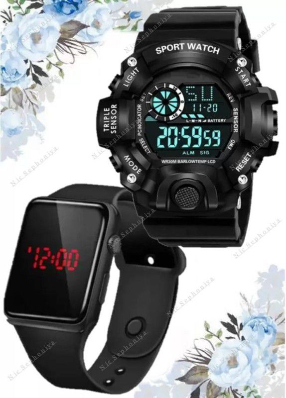 Simple Durable Premium Quality Semi Water&Shock Resistant Stop Watch Wrist Digital Watch - For Boys S-Shock Sport Full Black Dial PU Belt Digital 7-LED Light Alarm