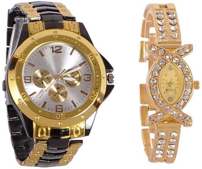 Analog Watch - For Couple Trendy Gold Black Silver Dial Men And AKS Golden Women Couple Combo Watch For Couple