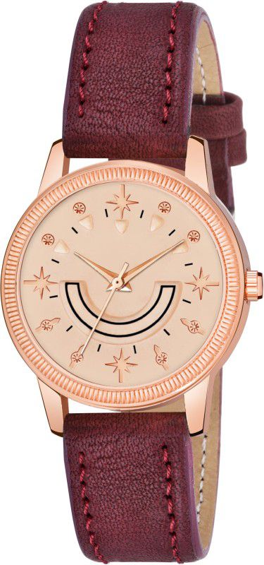 Analog Watch - For Girls Stylish Rose Gold Smiley Dial Brown Leather Strap Watch for girls and women