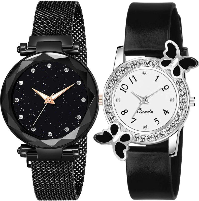 New Diamond Dial Magnet Strap With Black butterfly Combo Set For Girls And Women Analog Watch - For Girls LUXURY MAGNET BELT AND BEAUTIFUL BUTTERFLY COMBO WATCH
