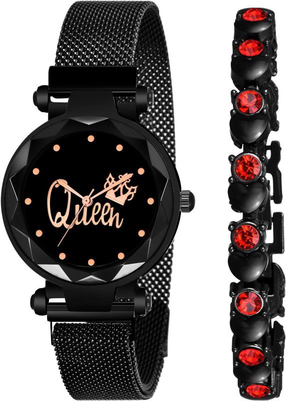 Analog Watch - For Women Pack of 2 Magnetic Queen Dial Watch and Black Red Stone Chain Stylish Bracelet Women