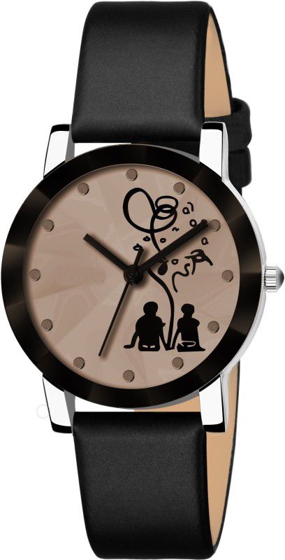 Analog Watch - For Girls Stylish Brown Romantic Pose Dial Crystal Glass Black Leather