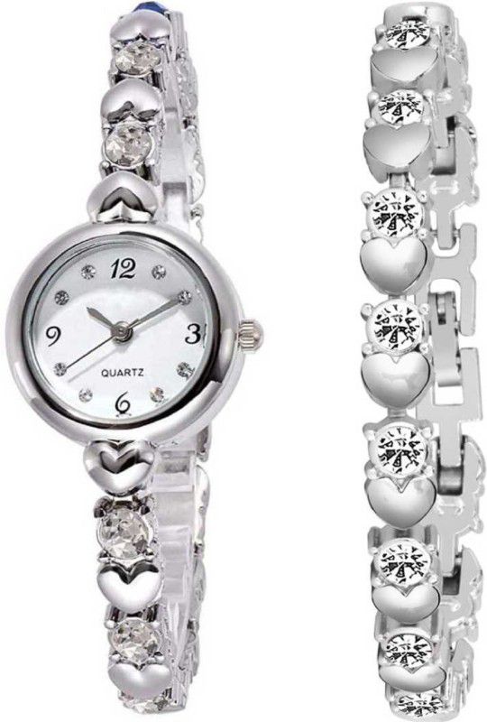 Analog Watch - For Girls New Stylish Silver Stone Studded Silver Watch and Bracelet