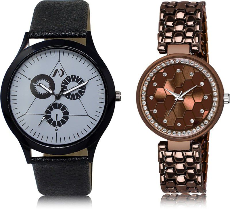 Classic Look Combo Analog Watch - For Couple AD03-LR271 New Attractive Black-Brown Leather & Metal Strap