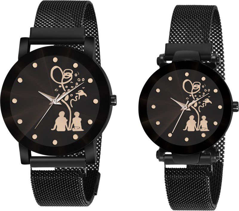 Analog Watch - For Couple Lover Tree Sit Couple Watch Black Dial Prism Cut Glass with Magnetic Metal Strap Analog Watch for Men and Women
