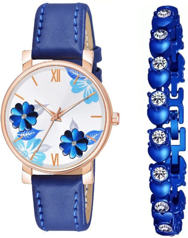 Analog Watch - For Girls Blue Flowered Leather Strap Analog Watch & Bracelet Combo for girls and women
