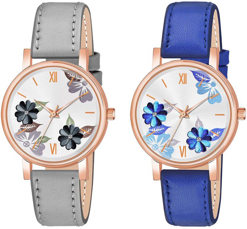Women & Girls Classic Grey & Blue Leather Strap Combo Pack of 2 Analog Watch - For Girls WQZ3050COMBO2GYBL