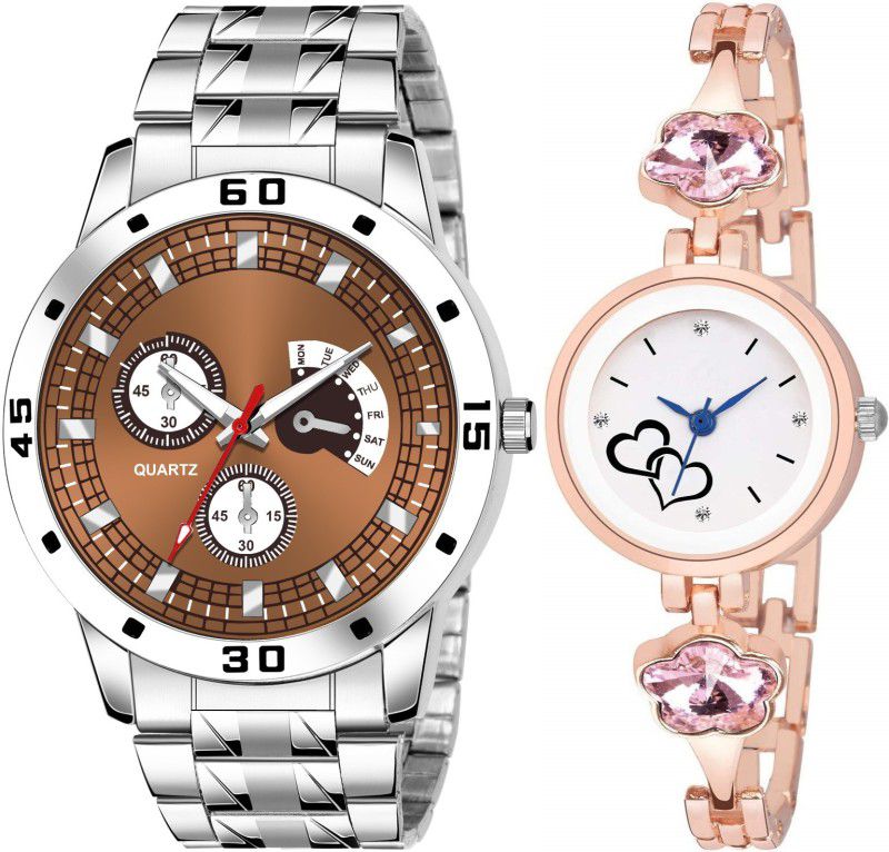 Analog Watch - For Boys & Girls NEW STYLISH DESIGNER BROWN DIAL-SILVER METAL STRAP SET OF 2 WATCH