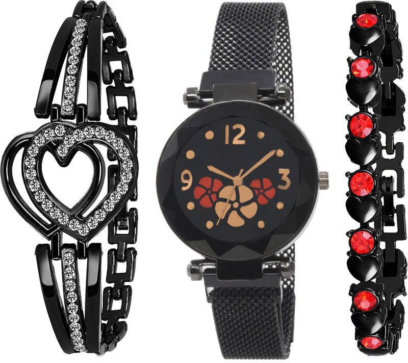 Analog Watch - For Girls black dial color,flower magnet black watch and diamond bracelet for girl