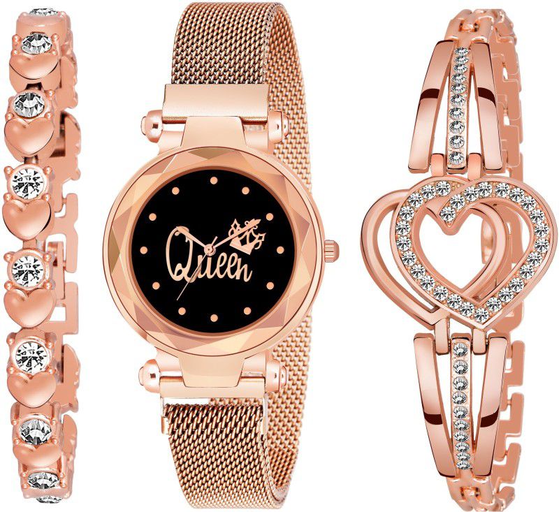 Analog Watch - For Girls Pack of 3 Magnetic Queen Dial Watch and Rose gold Crystal Heart fancy Bracelet Woman