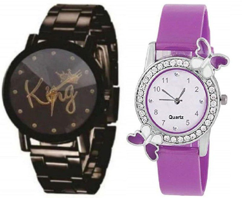 Analog Watch - For Couple Analogue Round Black Gifting Watch Dial"King-Queen" Black Stainless Steel Strap Couple Analog Watch