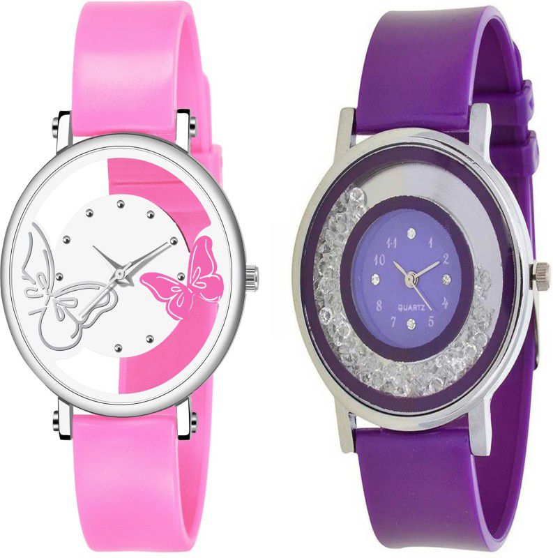 Analog Watch - For Girls White And Pink Dual Batterfly And Purple White Diamond Combo