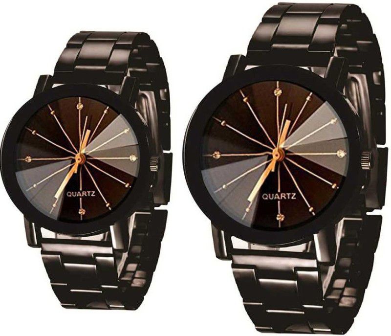 Designer Fashion Wrist Analog Watch - For Couple Prizam Crystal Glass Black Dial Stainless Steel Chrome Analog