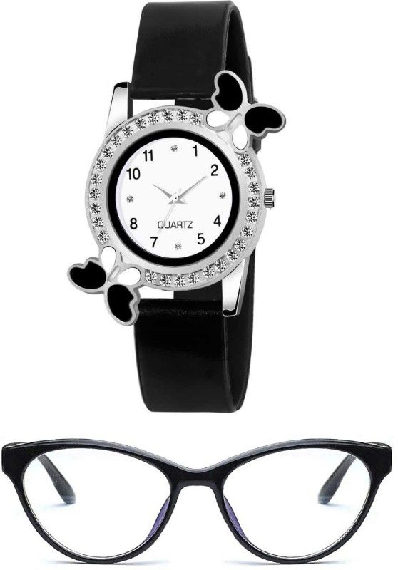 Watch With Free Glasses For Girls Analog Watch - For Girls Analogue Black Strap White Dial Watch For Girls & Cat Eye Glasses For Girls and Women