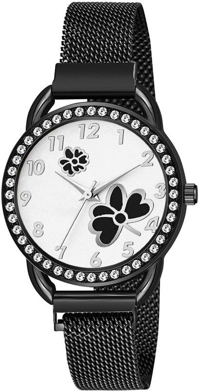 Analog Watch - For Girls Diamond Designer BlackFlower Dial RoseGold Magnetic Strap Watch for Girl & Women