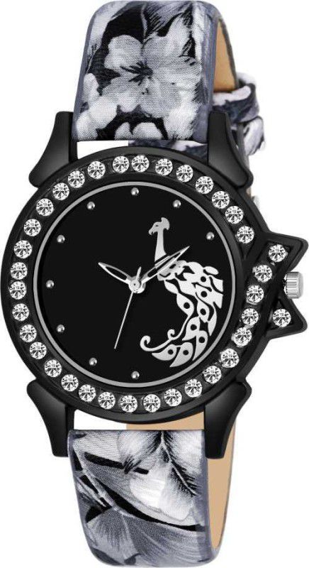 Diamond Studded Luxury Fashion Watch For Woman Analog Watch - For Girls Peacock Design Dial With Slim Leather Flower Design Belt