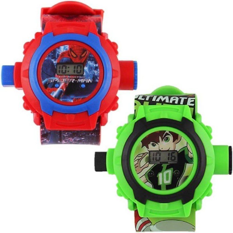 Analog Watch - For Boys watch Kids Watch 2 Beautiful Combo Ben-10 & Spider-Man Projector new stylish-24 Laser Light Image Kids Watch - For Boys & Girls