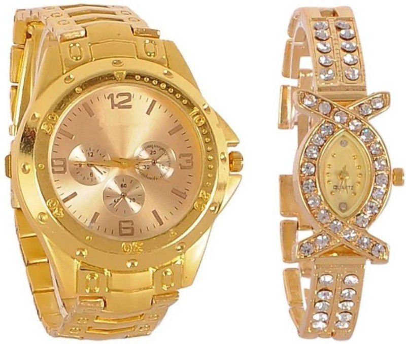 Analog Watch - For Couple Trendy Full Gold Men And AKS Golden Diamond Women Couple Combo Watch For Couple
