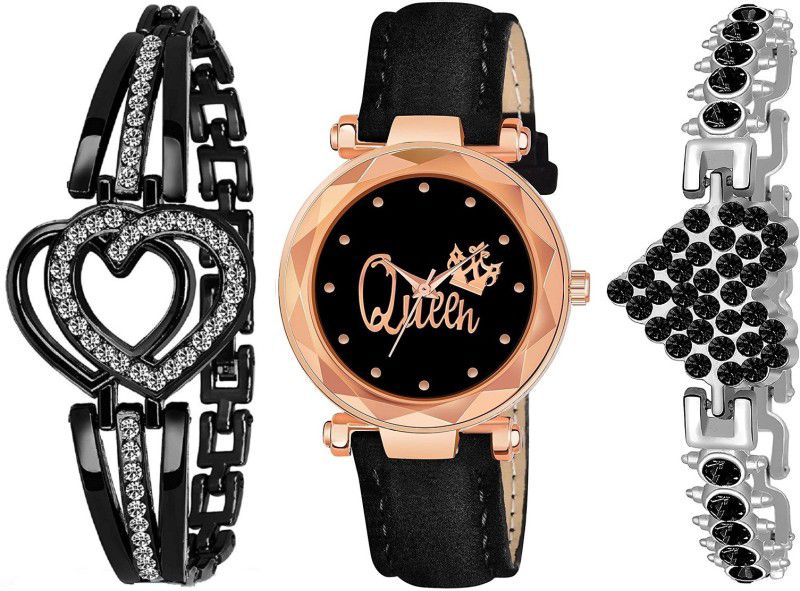 Analog Watch - For Girls New Arrival Queen Dial Black Leather Strap Watch & Heart Bracelets Combo