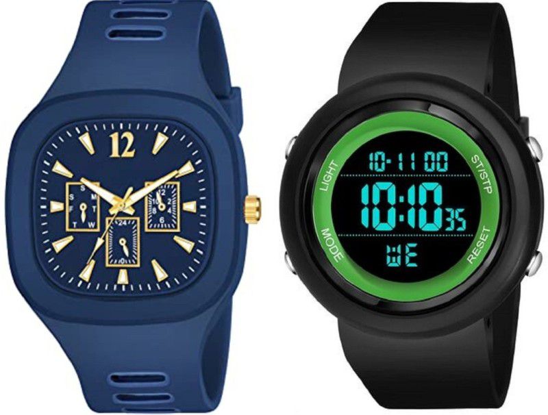 Stylish Square full Navy Blue Silicon Strap With Green Ring Dial Combo Watches Analog Watch - For Boys MILLER BL & GR ADDI