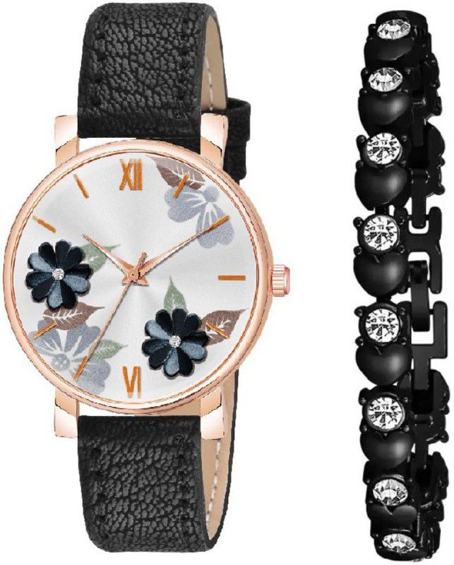 Analog Watch - For Girls Black Flowered Leather Strap Analog Watch & Bracelet Combo for girls and women