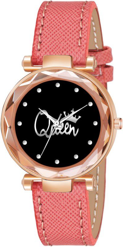 Designer Fashion Wrist Analog Watch - For Girls New Fashion Queen Black dial Orange Leather Strap For Girl