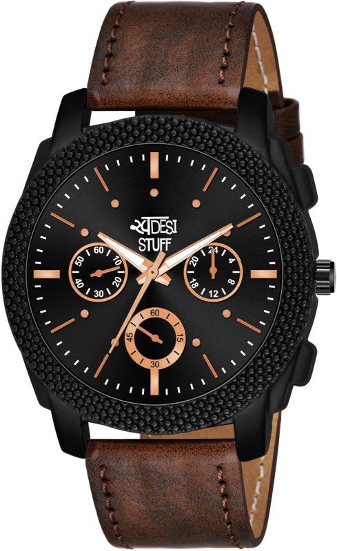 Analog Watch - For Men Black Dial Brown Leather Strap Stylish