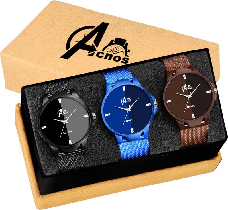 Analog Watch - For Men Brand - A Branded 3 Different Colors Black Blue and Brown Analogue Super Quality Stylish Watches for Mens/Watches for Boys Pack of 3