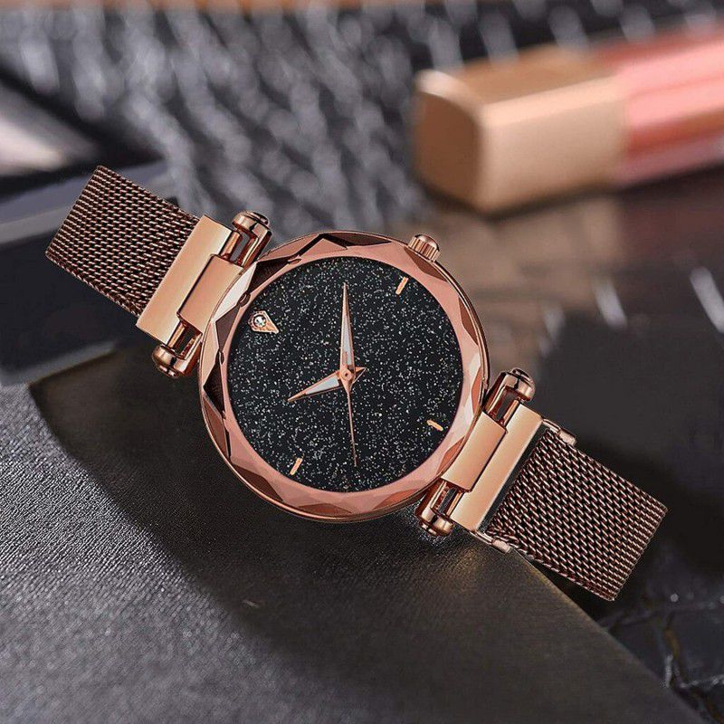 Analog Watch - For Girls Women Watches Luxury Starry Sky Rose Gold Stainless Steel Mesh Magnetic Strap Ladies Watch Quartz Wrist Watch