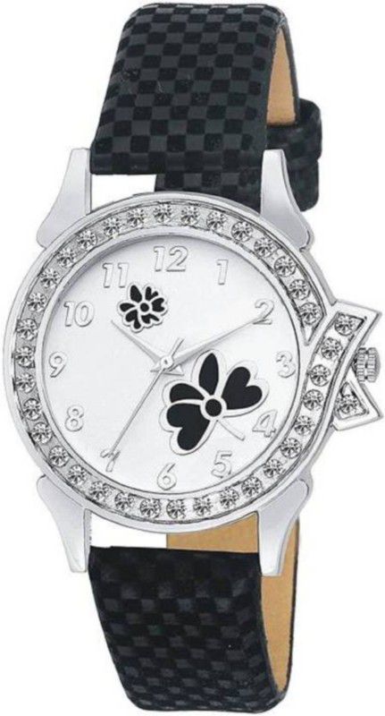 Analog Watch - For Women White Diamond Dial Black leather Strap Fancy