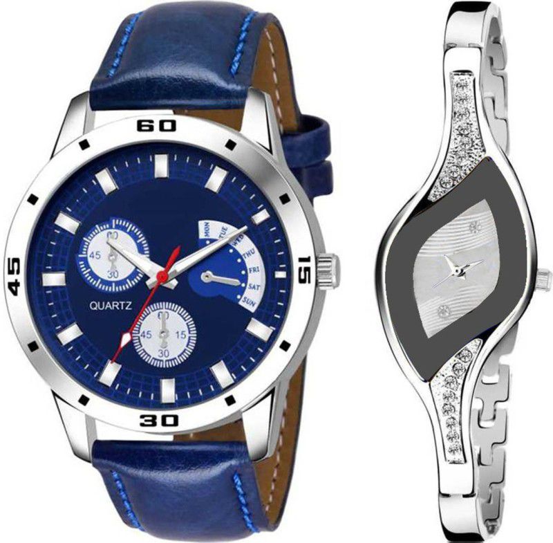 Analog Watch - For Men & Women Set Of Two ladies Silver Dial Bracelate fancy items with Men Branded Sport ST-152