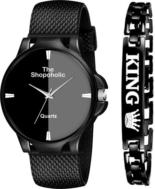Set For Men & Watch Analog Watch - For Men Analog Black Stylish Dial- Pu Strap & Black King Bracelet Combo
