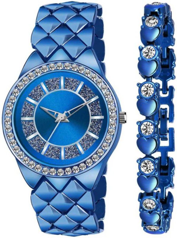 Analog Watch - For Girls LADIES_738 STYLISH LOOKING BLUE DIAL-METAL STRAP-BLUE COLOR DIAMOND BRACELET
