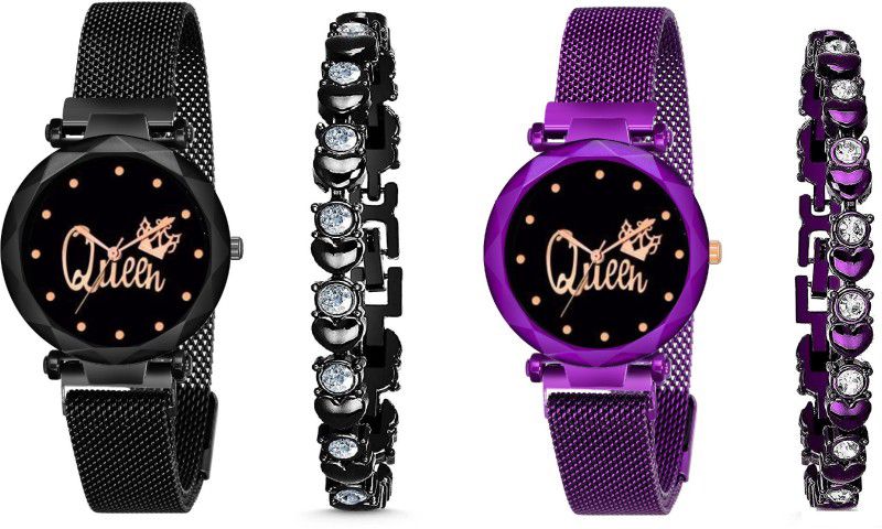 Analog Watch - For Girls Black and Purple Queen Dial With Magnetic Metal Strap Analog Watch and 2 Present Gift Bracelet Set For Girls and Women (Combo of 4)