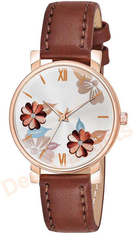H03 Flower Brown Multi Color Flower Dial Premium Leather Strap Analog Watch for Women and Girls Analog Watch - For Women