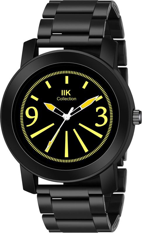 Yellow Round Artistic Dial with Black Stainless Steel Metallic Bracelet Chain Analog Watch - For Men IIK-902M