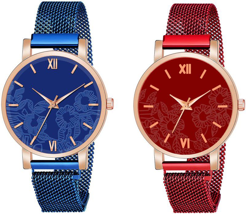 Analog Watch - For Girls Blue&Red Color Flower Designer Dial Red&Blue Maganet Strap