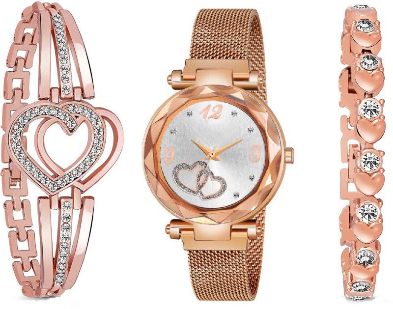Analog Watch - For Girls Rose Gold Heart Dial With Magnetic Metal Strep Analog Watch and Stylish Lady 2 Bracelet Combo For Girls and Women Analog Watch (Combo of 3 )