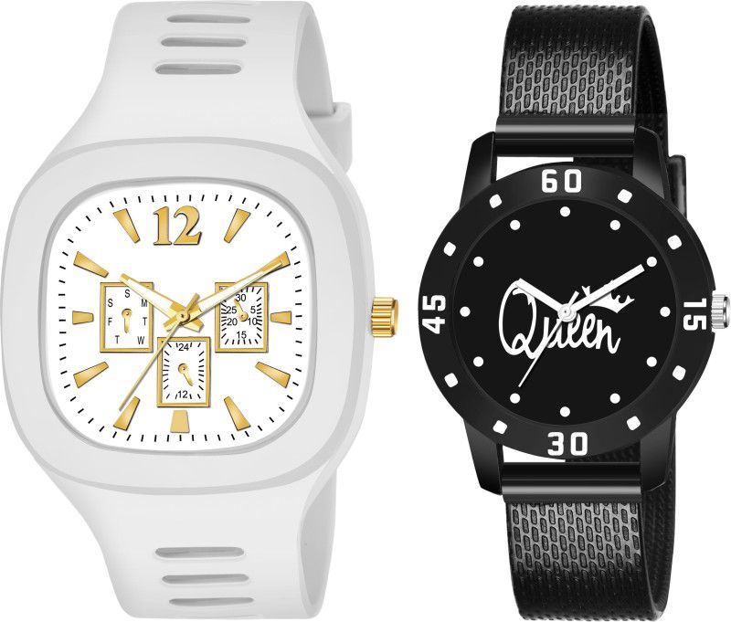 Analog Watch - For Couple New Arrival Combo Of Square Dial White Silicone Strap and Queen Printed PU Strap