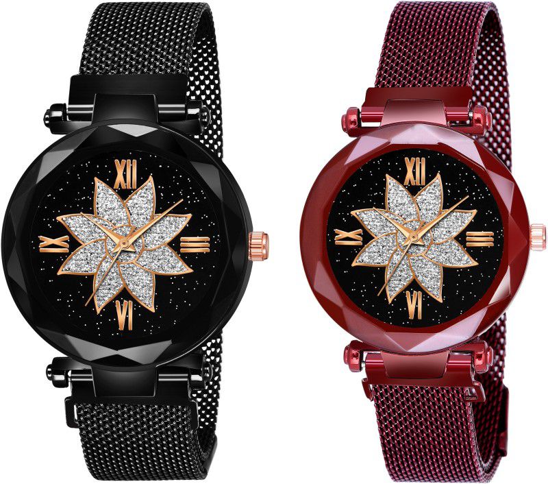 Analog Watch - For Women Analogue Dial Black Red Combo Magnetic Watches For Girls