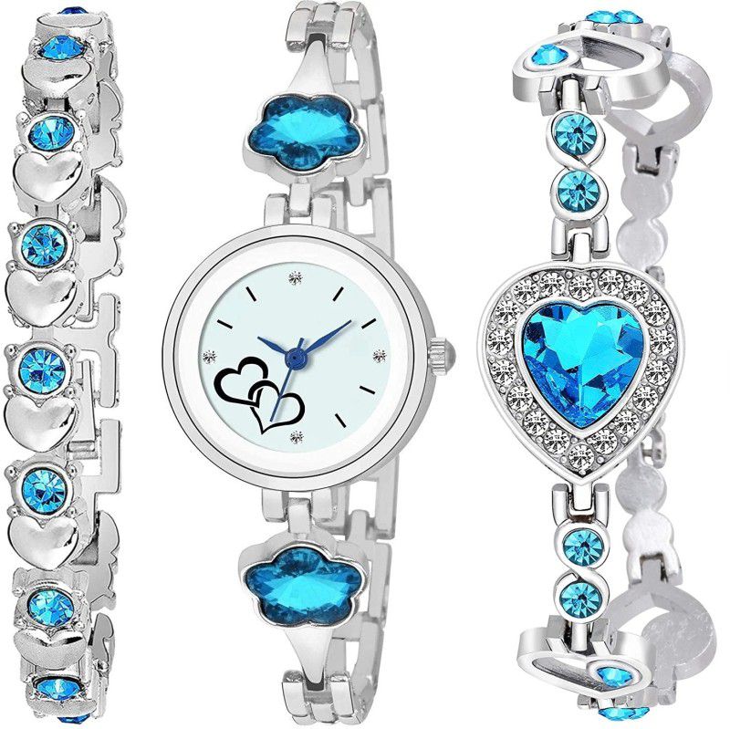 Analog Watch - For Girls New Heart Designer Dial Blue Stone Watch and Heart Bracelets Combo