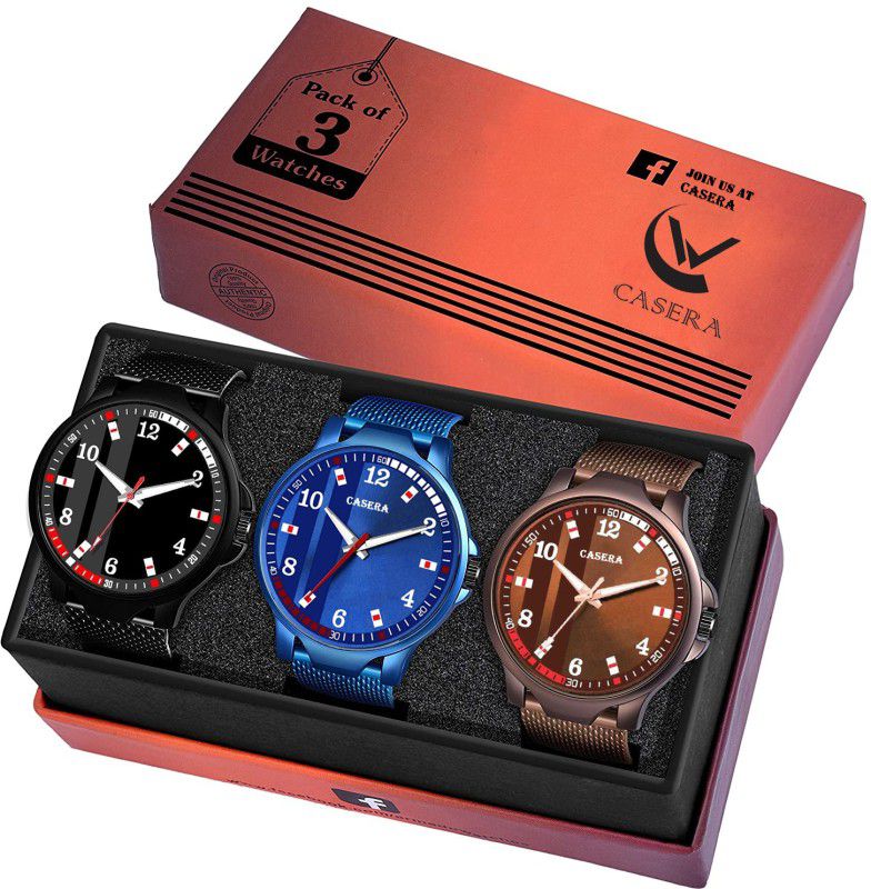 Wrist watch Analog Watch - For Men CSR-562 Premium Black-Blue-Brown Mesh Silicone Strap with Superior Dual Tone Multi Dial Pack Of 3 Analog Casual Combo Watch Wrist Watches Analog Watch