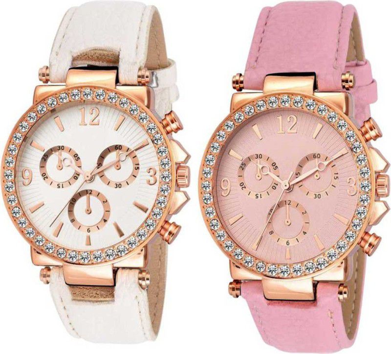 Analog Watch - For Girls New Round Designer White and Pink Color dial Pink Belt with Diamond Attractive look for girl Watch