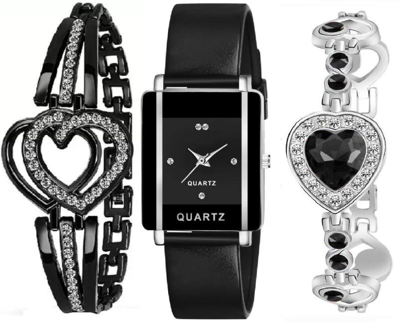 Analog Watch - For Girls SW-349 New Combo Of Black Square Dial Silicone & 2 Bracelet For Women