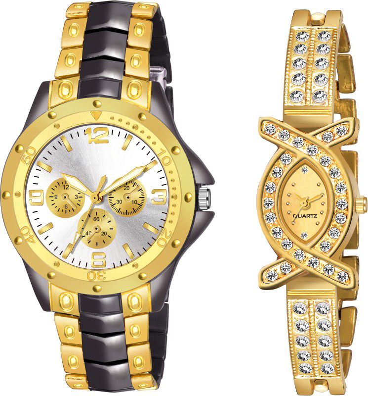 Designer Fashion Wrist Analog Watch - For Couple Silver & Gold Dial Black & Gold Strap Stainless Steel Analog Couple Watchs