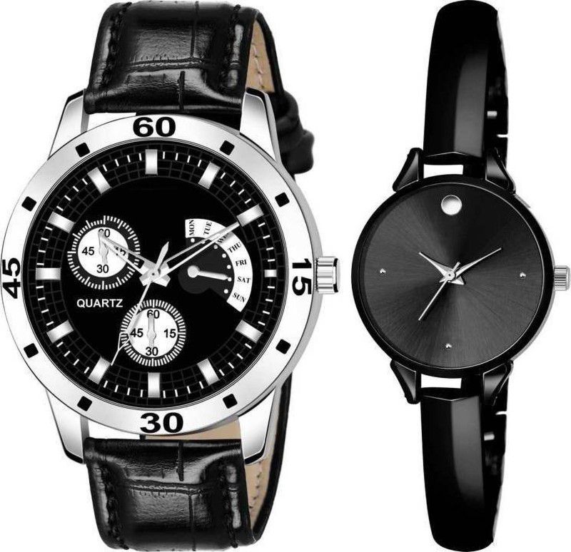 Analog Watch - For Boys & Girls SPORTS FULLY BLACK DESIGNER DIAL LEATHER AND CHAIN METAL BELT UNIQUE DIAL DESIGNER COUPLE WRIST WATCH FOR MEN WOMEN NEW ARRIVAL FAST SELLING TRACK DESIGNER ROYAL LOOK WATCH FOR FESTIVAL _PARTY_PROFESSIONAL WEAR WATCH