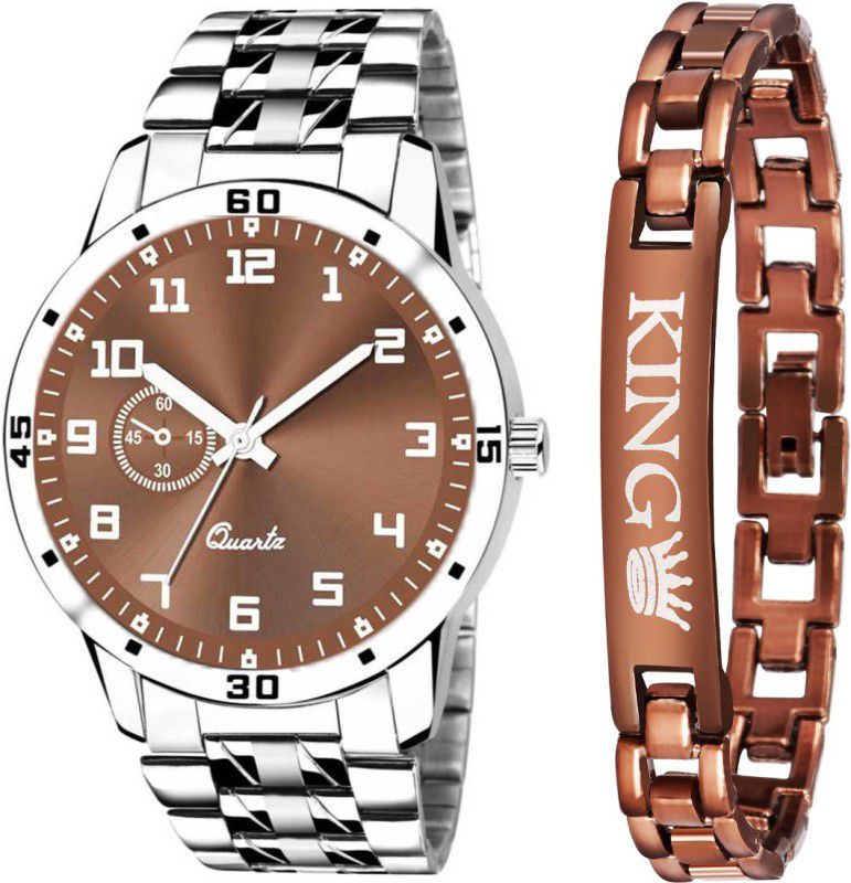 Analog Watch - For Boys TY-1021 NEW FANCY STYLISH BROWN DIAL- STEEL STRAP & BROWN KING BRACELET COMBO