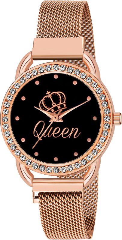 Analog Watch - For Girls New Queen Black Dial Rose Gold Maganet Strap Watch For Girl