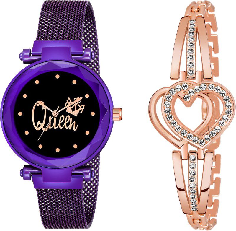 Analog Watch - For Women Analogue New Casual Magnetic Queen Dial Purple Watch & Copper Heart Stylish Bracelet Women Analog Watch For Woman & Girls