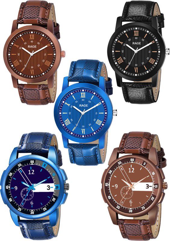 Analog Watch - For Boys & Girls Multi pattern combo Stylish blue black and brown color leather strap attractive combo set